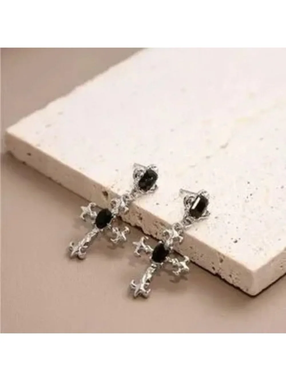 Silver Black Cross Dangle Earrings